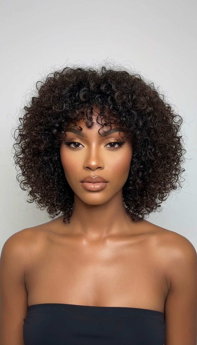 Perruque cheveux vierges -Ruth bouclés avec frange sans colle