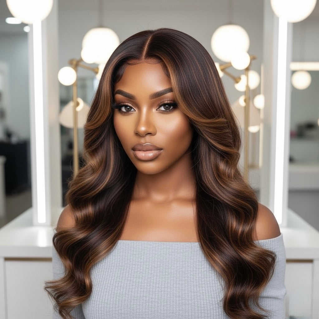 Perruque Glueless Ondulée Brun Foncé Méché Blond Miel – Lace closure HD – Cheveux 100 % Humains