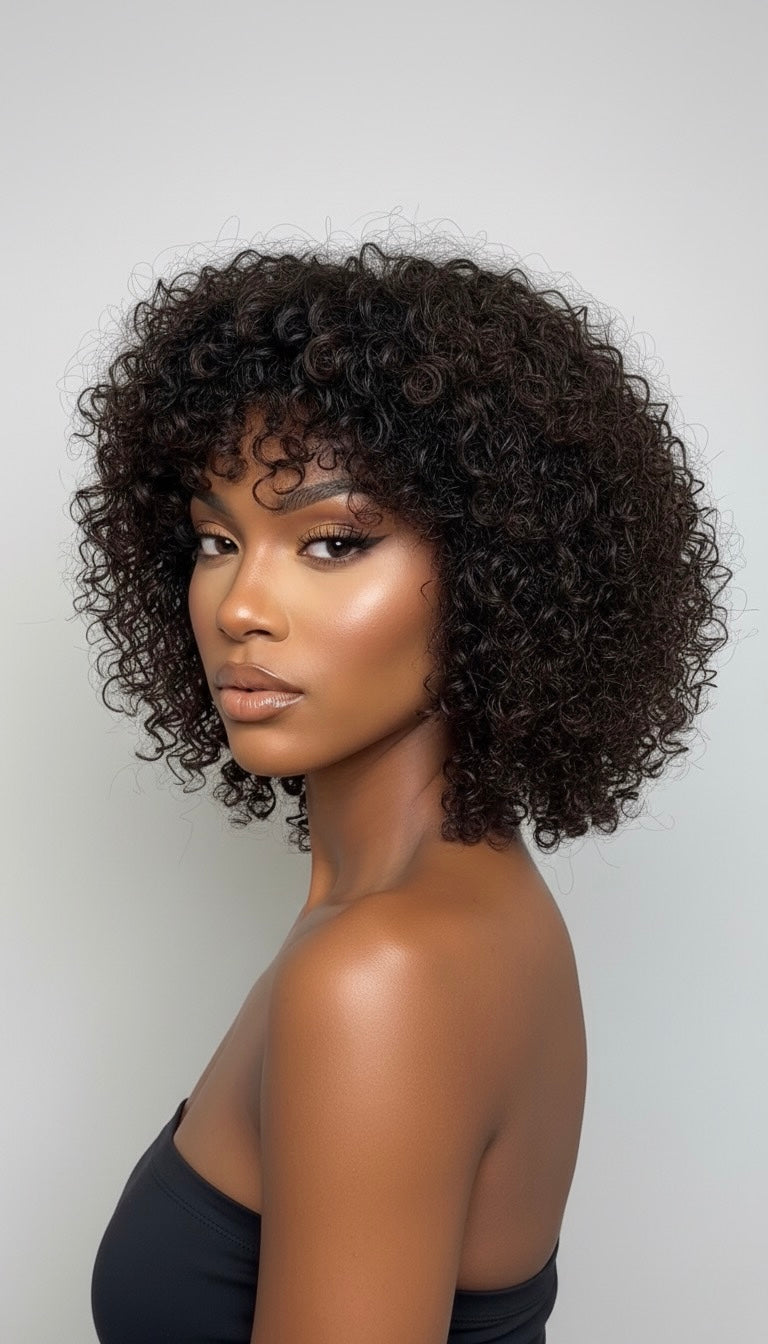 Perruque cheveux vierges -Ruth bouclés avec frange sans colle