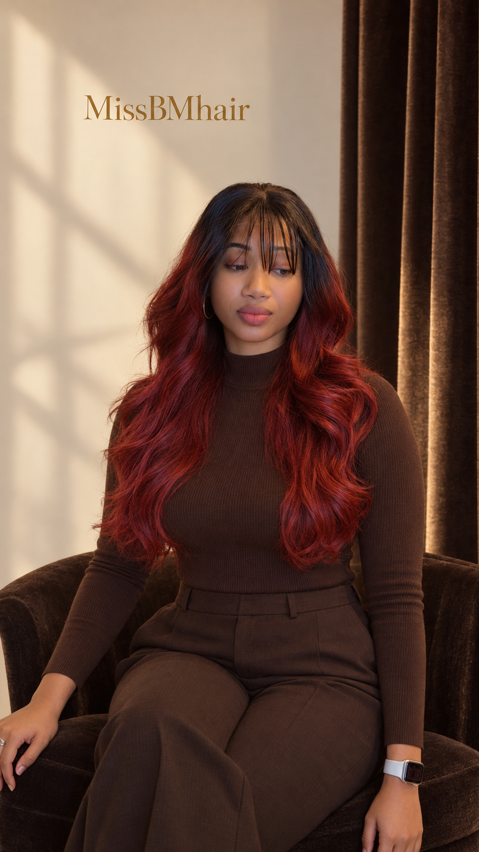 Perruque longue bordeaux body wave avec frange en cheveux vierges – MissBMhair (photo 4)